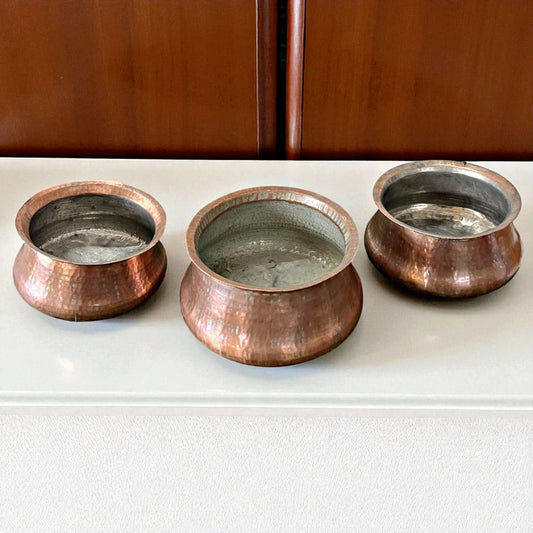 Antique Copper Deg Set of 3 with Brass Lid | Traditional Cooking & Storage Vessels
