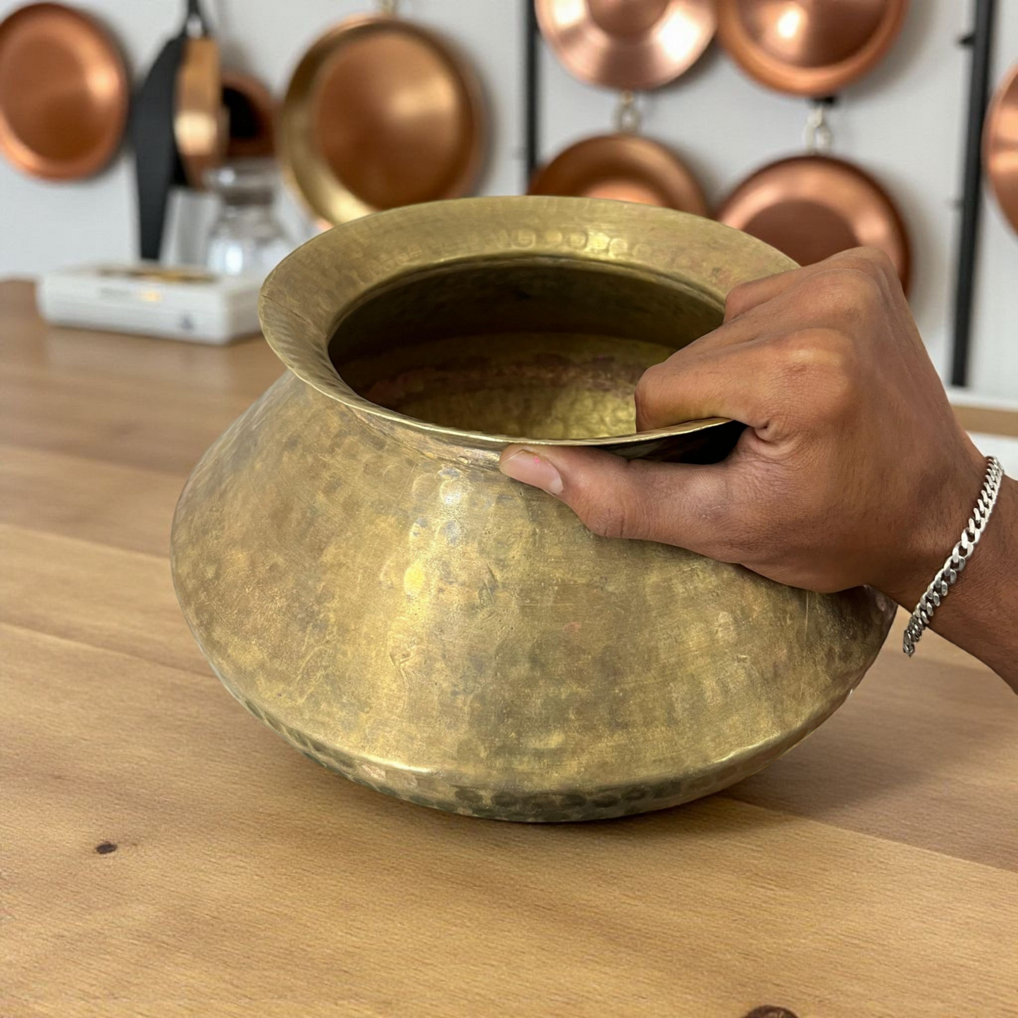 Antique Brass Cooking Bowl Set | 5 Litres Pittal Bhagona | with Lid | ladle | Stand