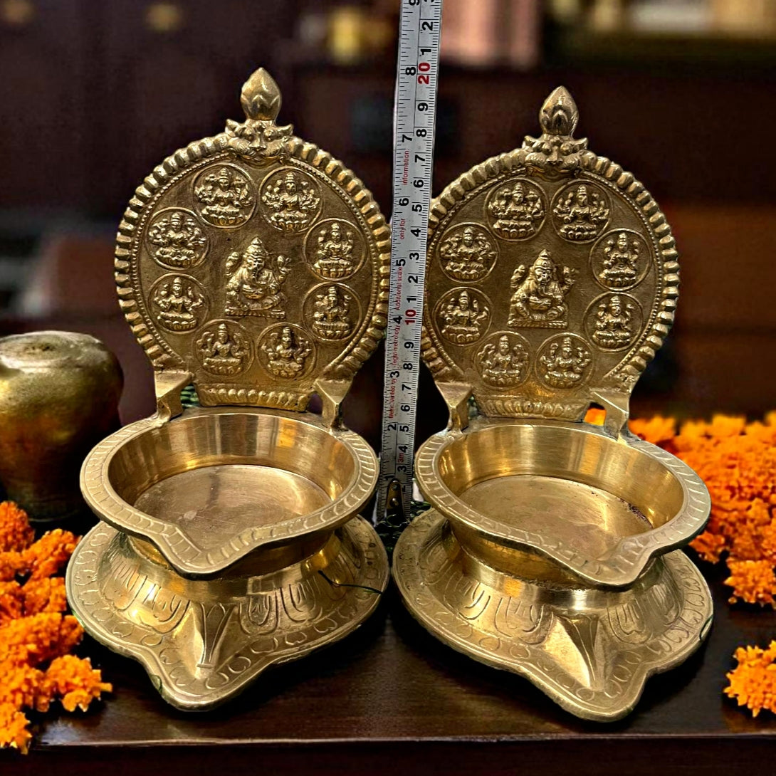 Antique Brass Diya in Pair | Traditional Big Size Oil Lamp