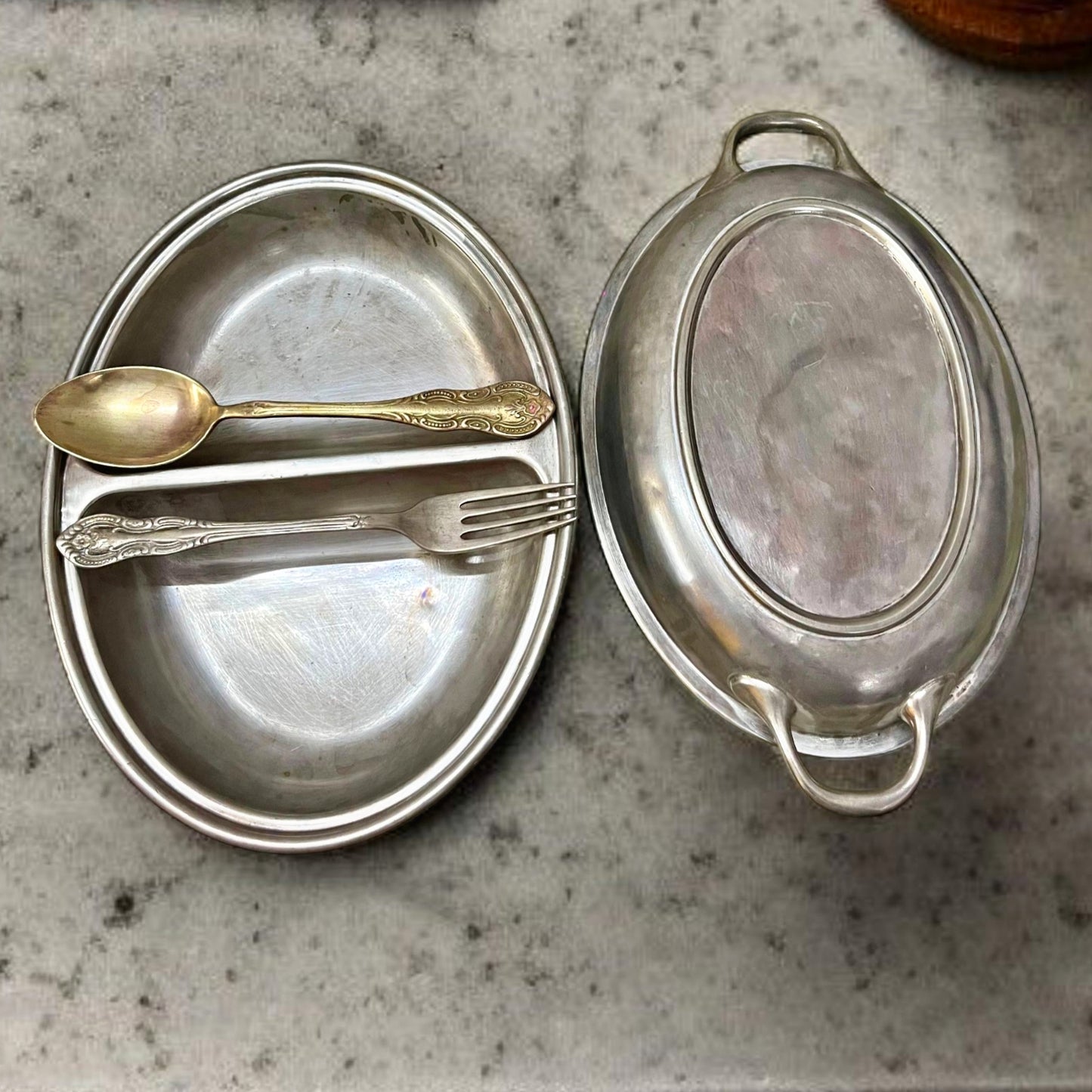 Antique Brass Silver Coated Dish with Lid & Spoons | Traditional Serveware & Decor Piece