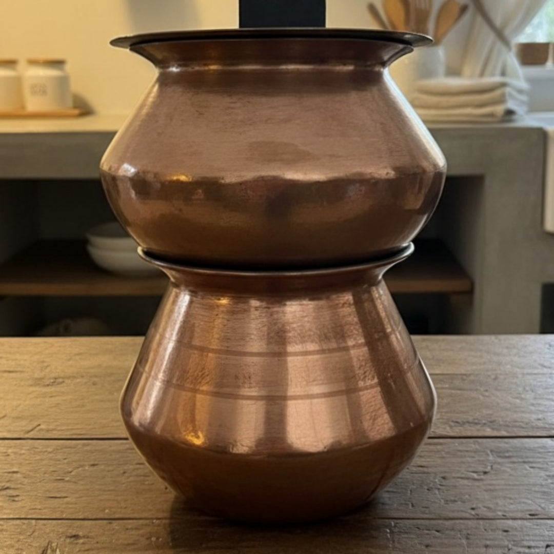 1972 Antique Copper Cooking Bowl Pair With Brass Lids | Traditional Serve & Display Set