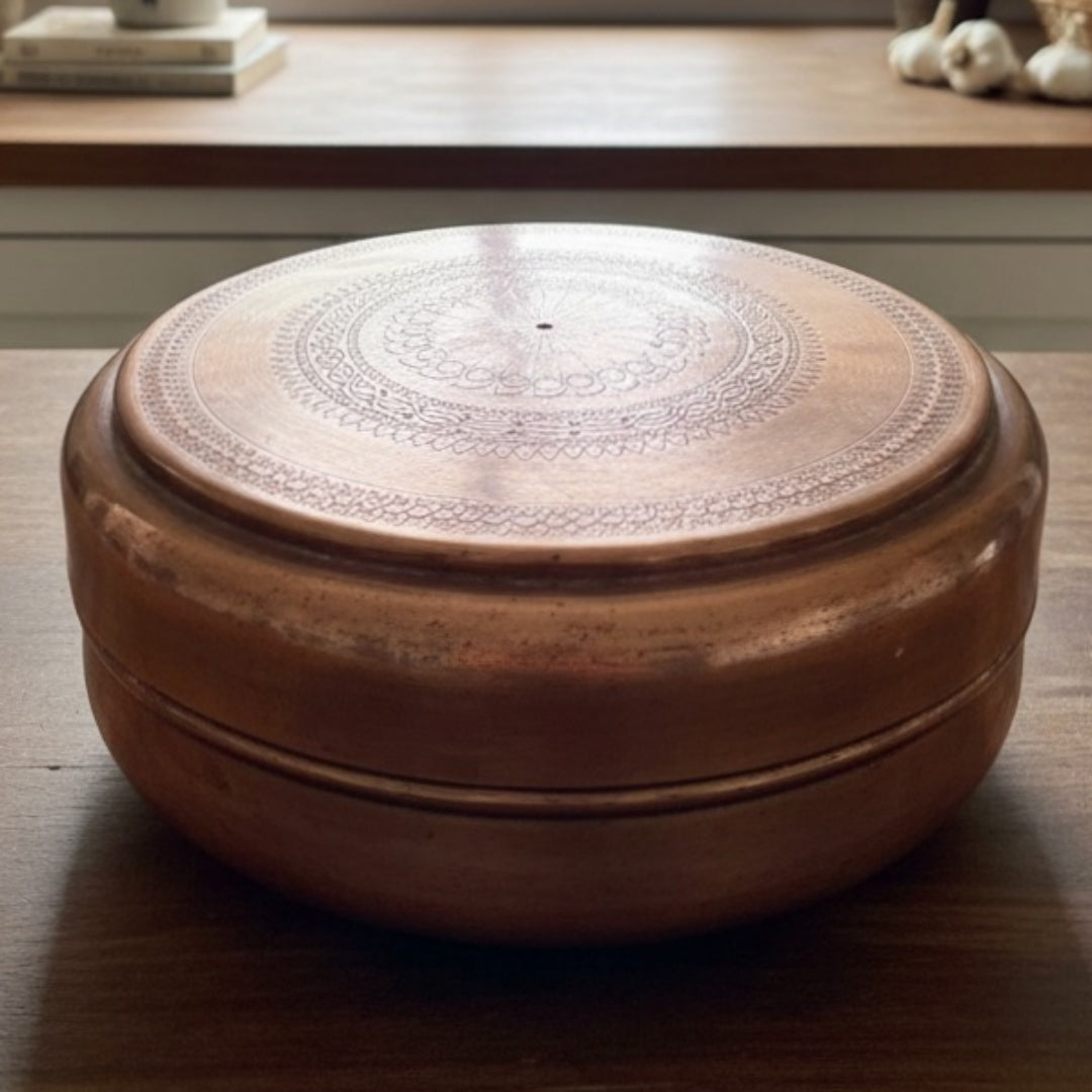 1984 Antique Brass Engraved Chapati Box | Medium Brass Roti Storage Container