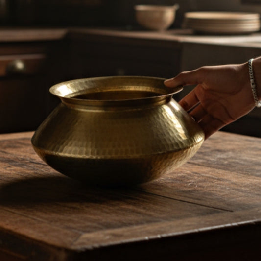 1976 Antique Brass Cooking Big Size Bowl with Spoon & Stand | Traditional Kitchen & Dining Utensil