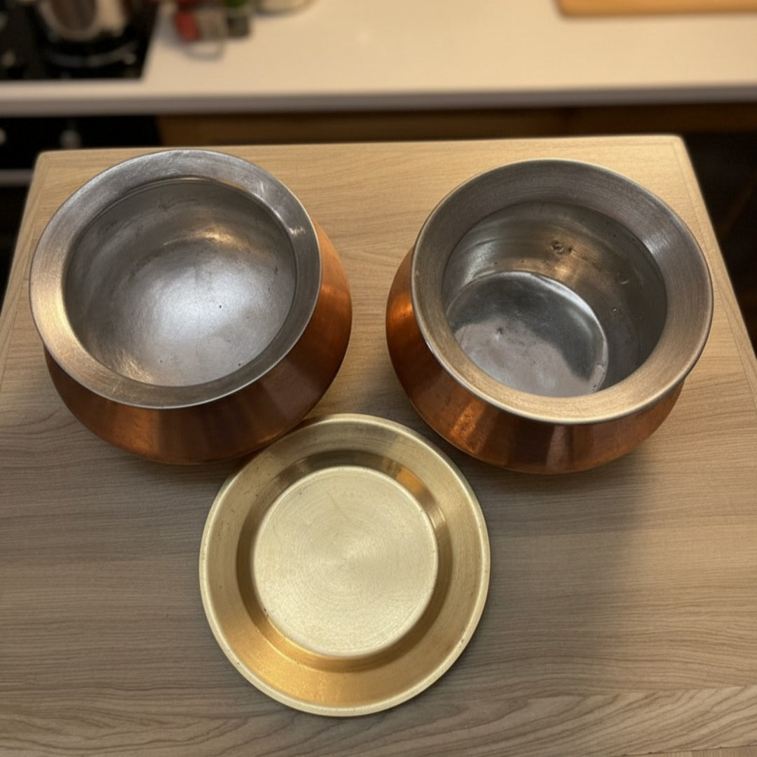 1972 Antique Copper Cooking Bowl Pair With Brass Lids | Traditional Serve & Display Set