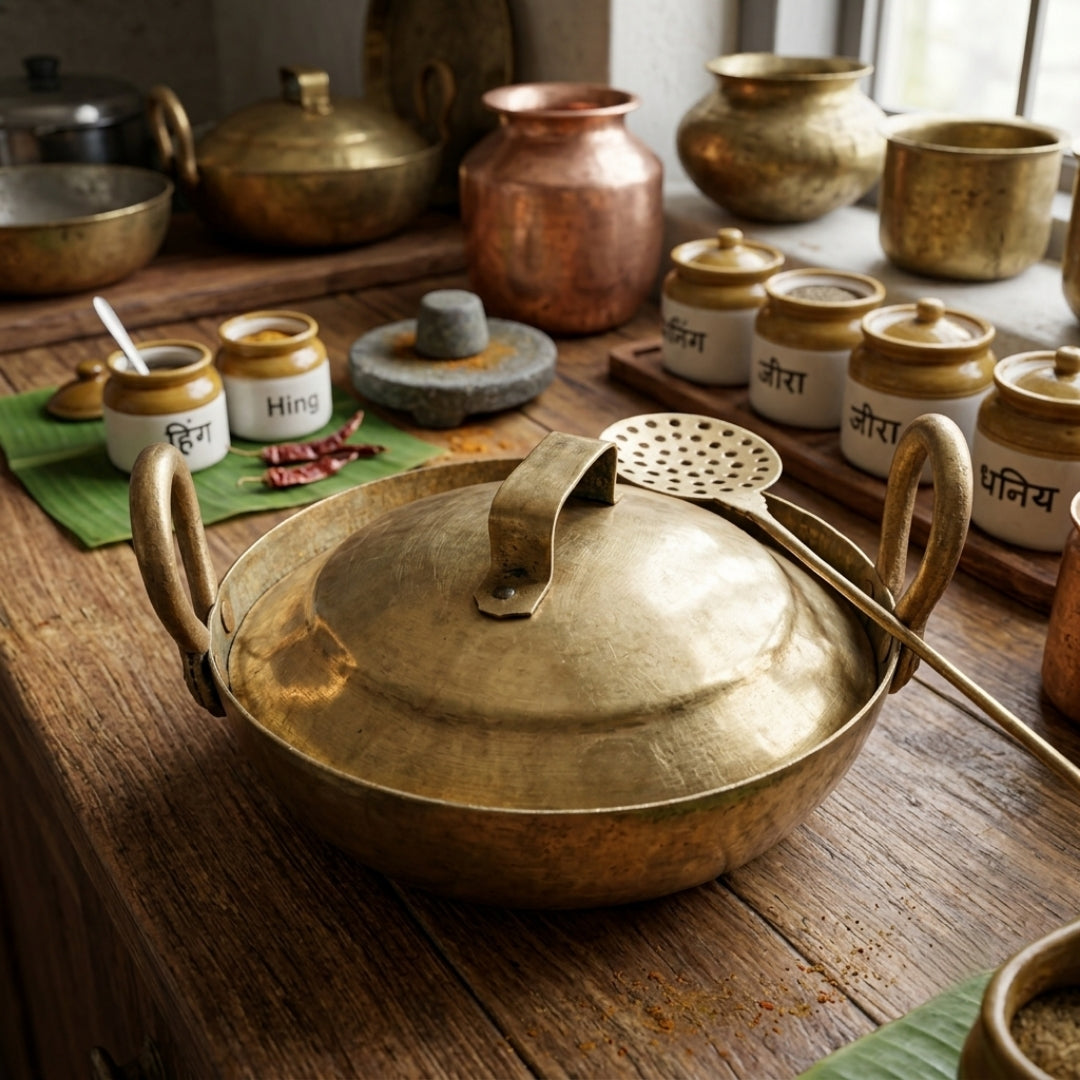 Antique Peetal Kadai with Lid & Ladle | Brass Cooking Vessel Set | Made in 1955