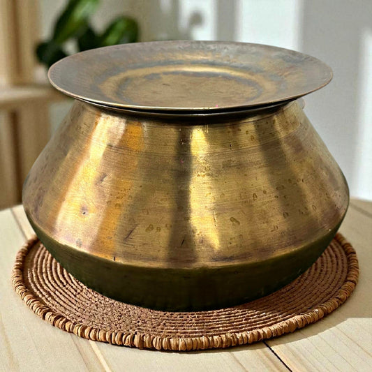 Antique Brass Bowl with Lid | Traditional Cooking Vessel