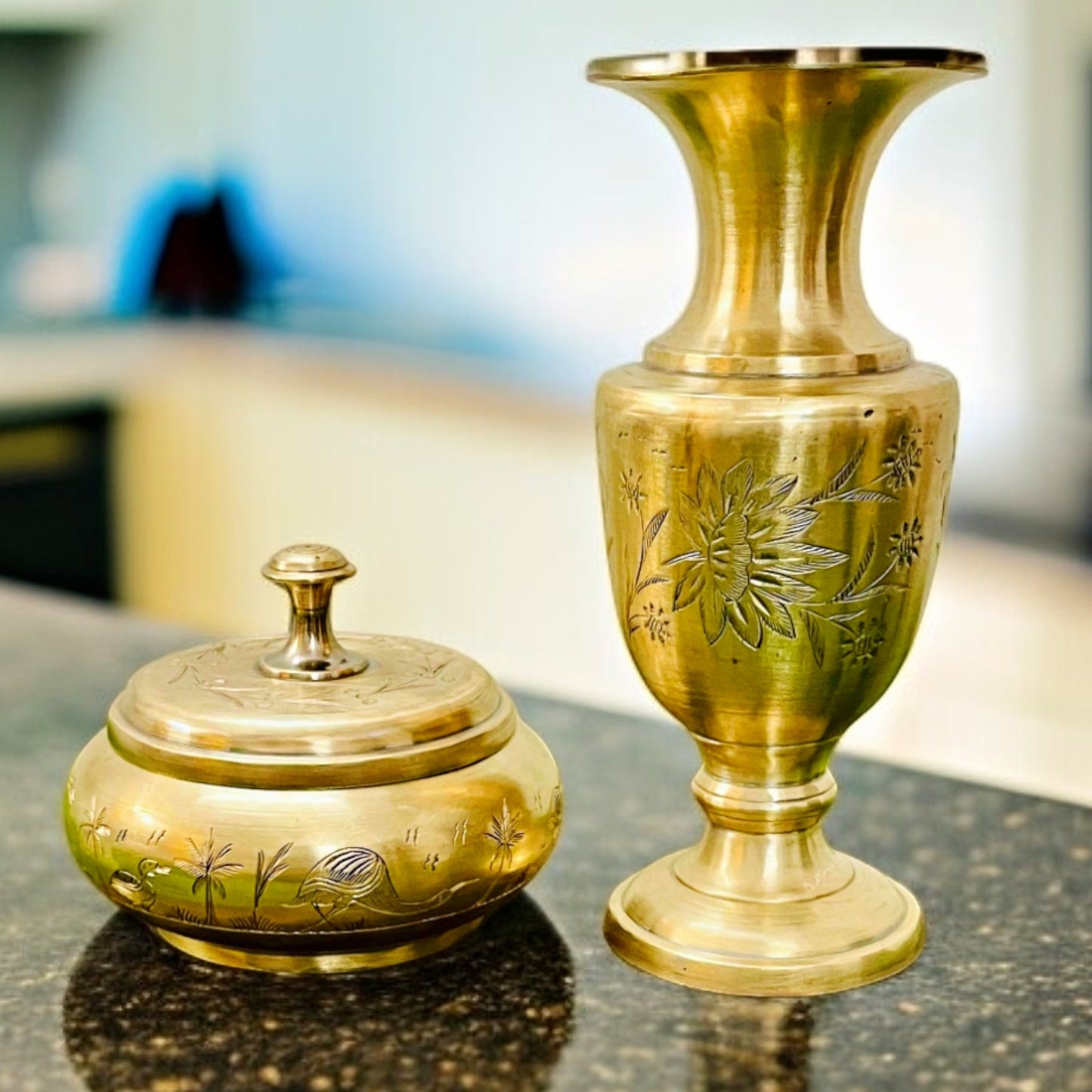 Antique Brass Flower Vase with Small Dibbi | Dual Set | Traditional Décor Collectible