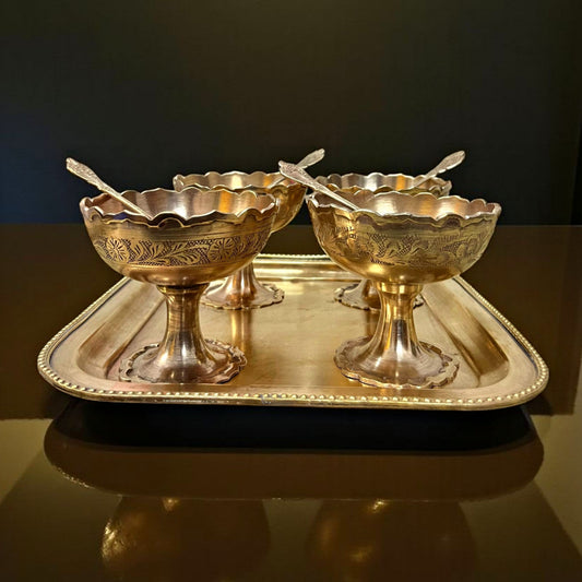Antique Brass Dessert Set | Traditional Serving Set with Tray & Spoon