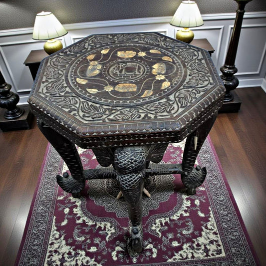 Antique Rosewood Elephant Motif Table | Bone Inlay Accent Furniture