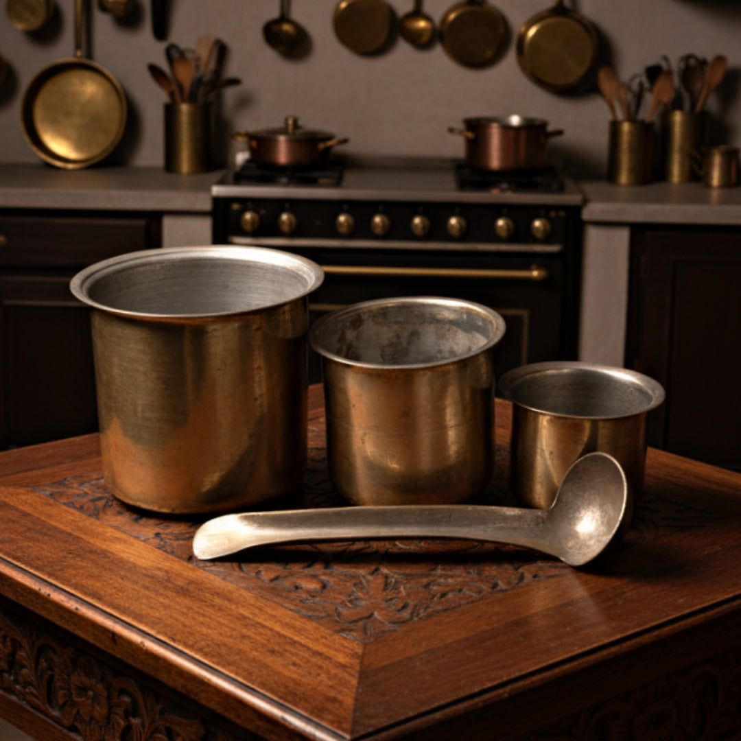 1975 Antique Brass Long-Shape Cooking Bowls | Traditional Kitchen Utensil Set of 3