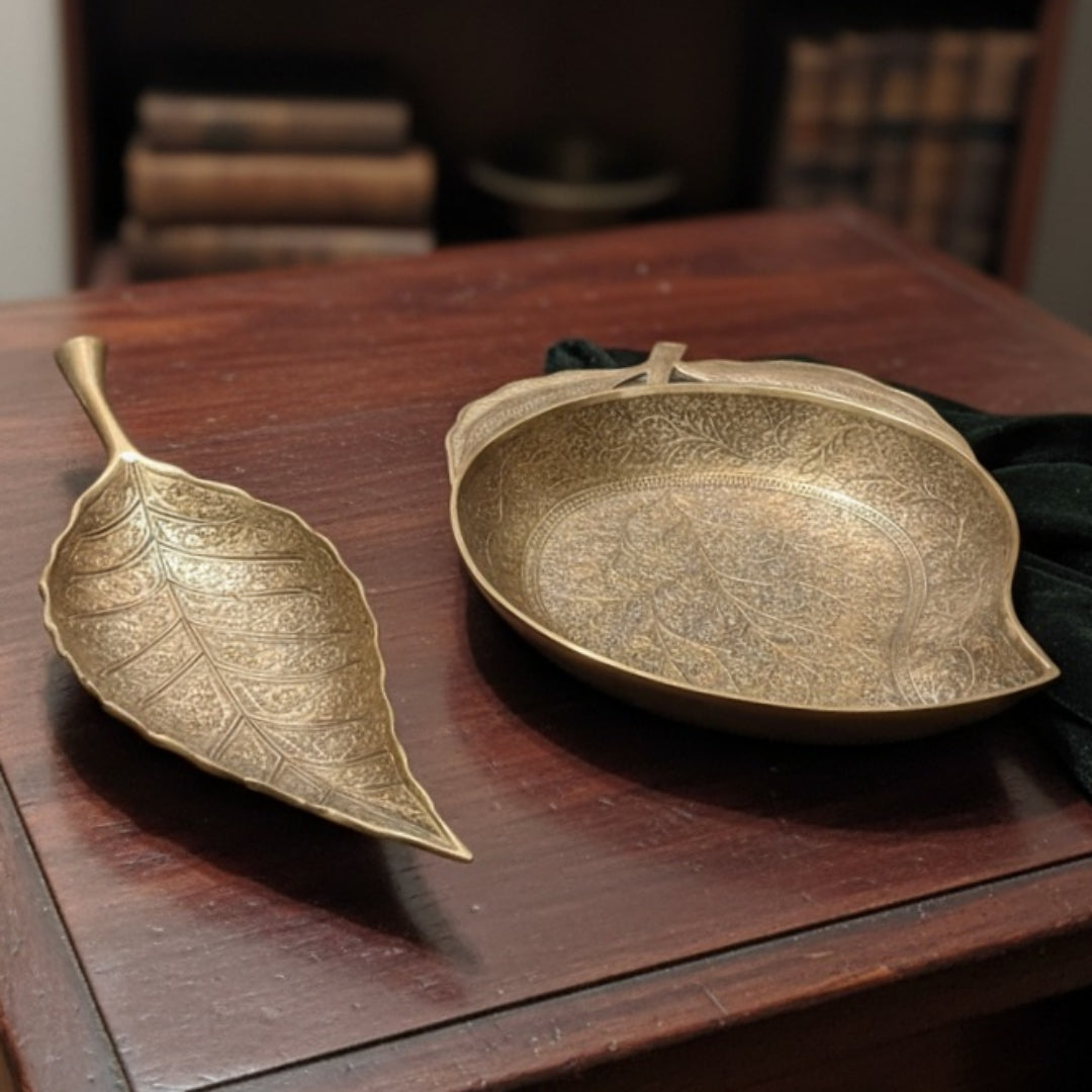 1964 Antique Brass Leaf & Mango Shape Engraved Serving Tray Pair