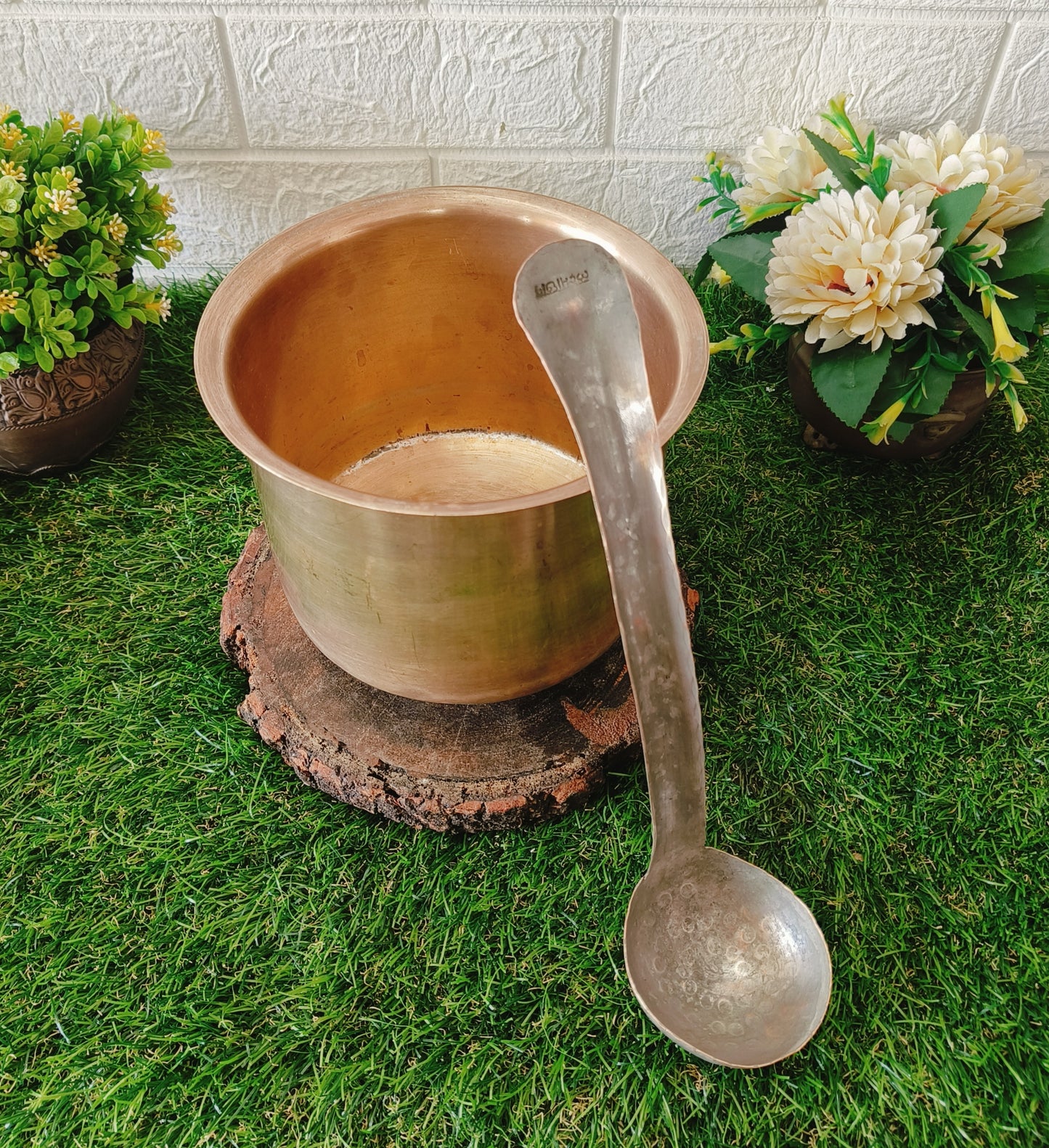Antique Brass Cooking Bowl with Ladle | Traditional Pital Bhagona with Spatula