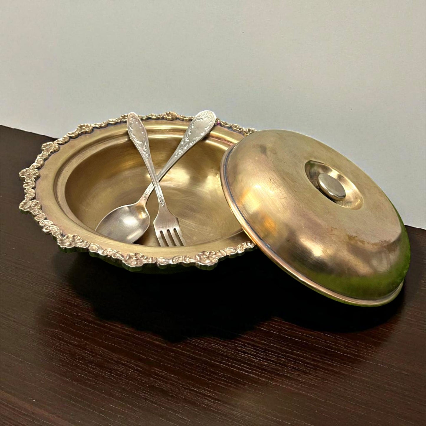 Antique Brass Bowl with Lid & Spoons | Traditional Ornate Dining Ware