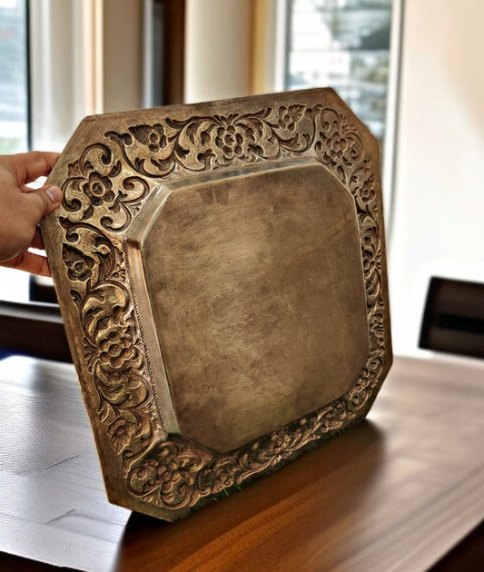 Antique Brass Big Size Royal Serving Tray | Pital Thaal | Traditional Serveware