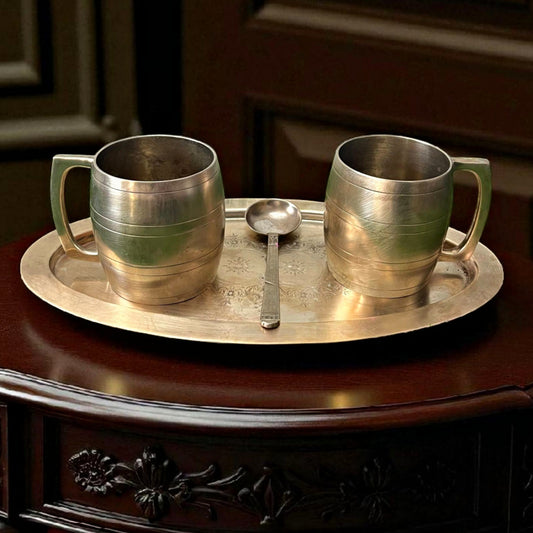 Antique Brass Beverage Set | Traditional Serving Mugs, Tray & Spoons