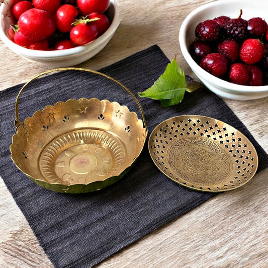 Antique Brass Fruit Basket and Plate | Pital Traditional Tableware