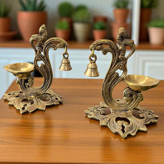 Antique Brass Bell Diya Pair | Pital Traditional Deepak Set