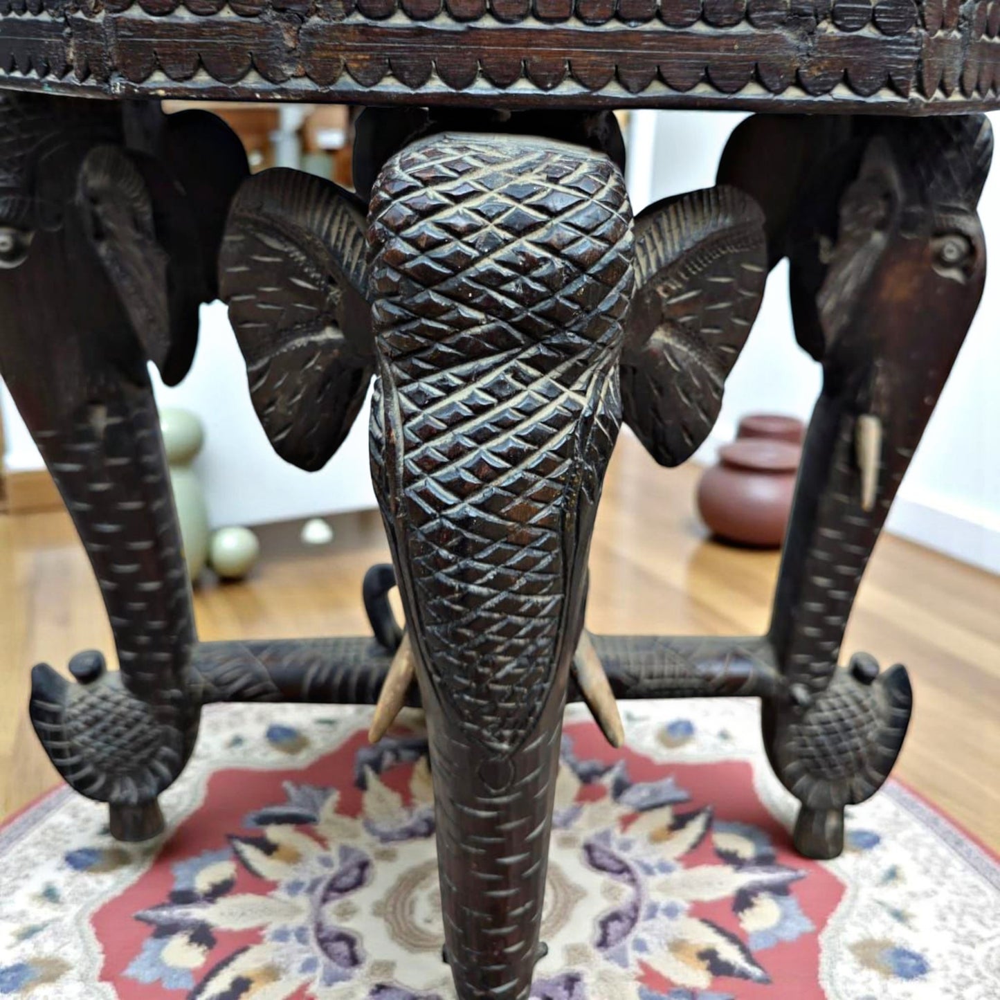 Antique Rosewood Elephant Motif Table | Bone Inlay Accent Furniture