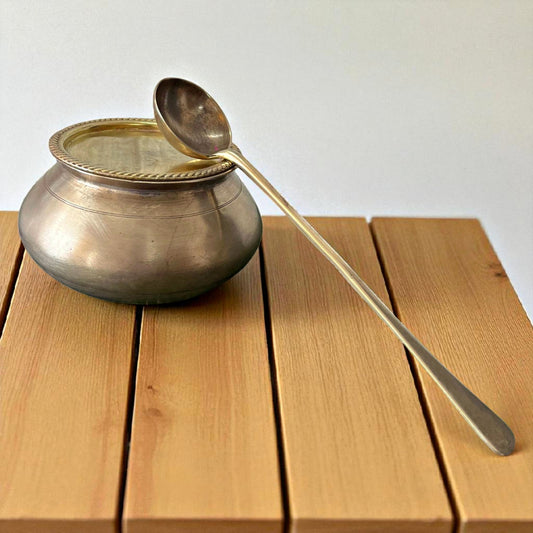 Antique Bronze Cooking Bowl with Lid & Brass Ladle | Traditional Kitchen Utility