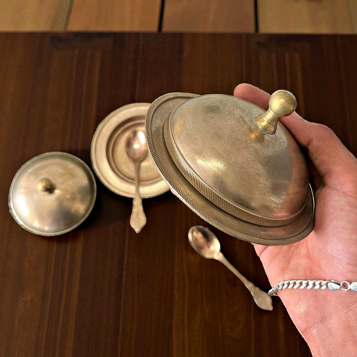 Antique Brass Bowl with Lid & Spoon | Pital Traditional Serving Set