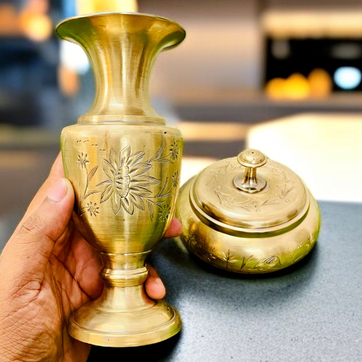 Antique Brass Flower Vase with Small Dibbi | Dual Set | Traditional Décor Collectible
