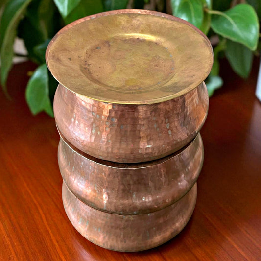Antique Copper Deg Set of 3 with Brass Lid | Traditional Cooking & Storage Vessels