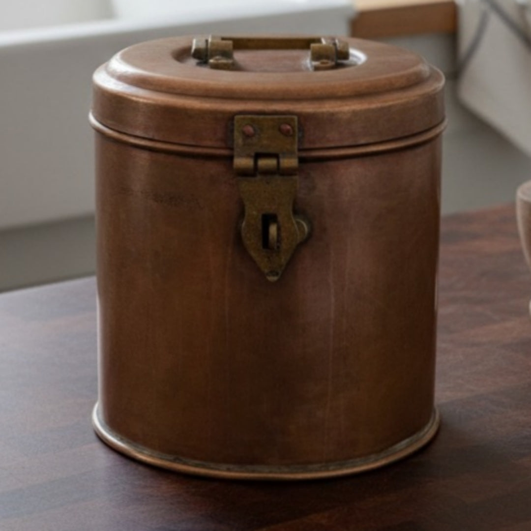 1980 Antique Brass Storage Box with Lock & Glass Insert | Tall Brass Kitchen Utility Box - Bombay Antiques
