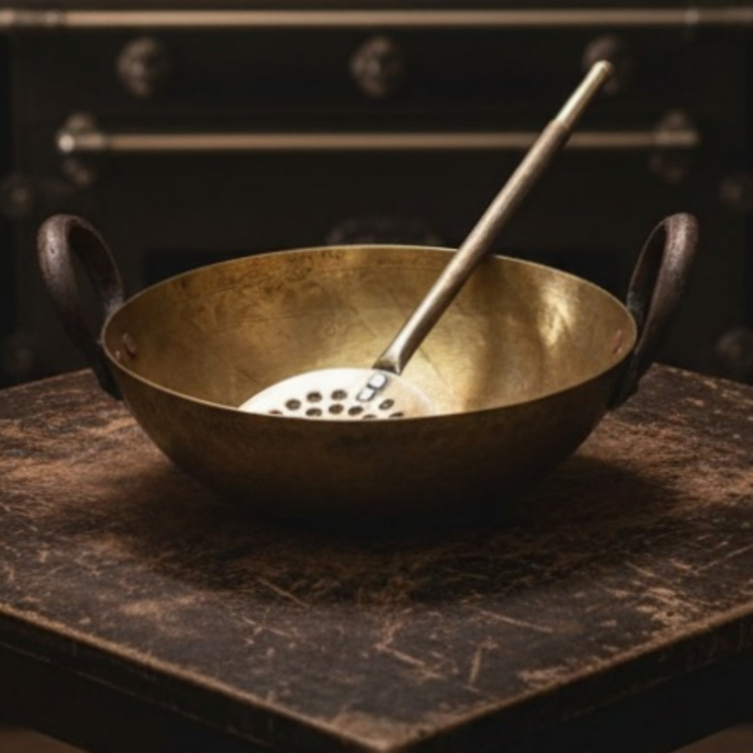 1978 Antique Brass Kadai With Ladle | Pital Traditional Cooking Utensil