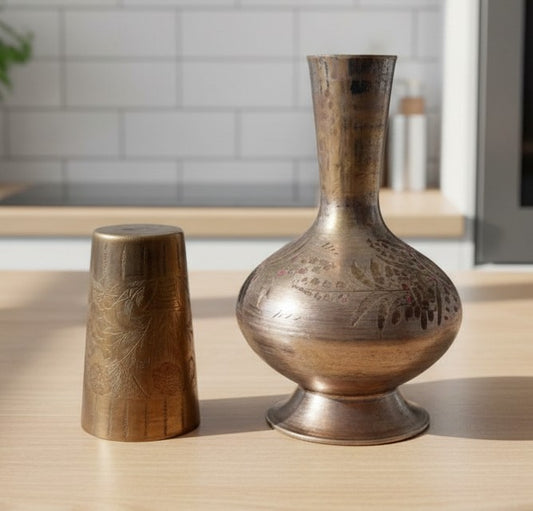 1996 Antique Brass Engraved Bottle with Matching Glass | 1 Litre Serving Set - Bombay Antiques