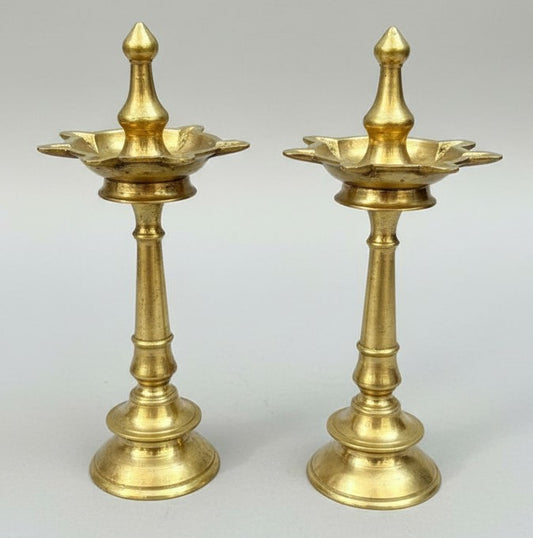 1973 Antique Brass Samay in Pair | Decorative Brass Lamps - Bombay Antiques