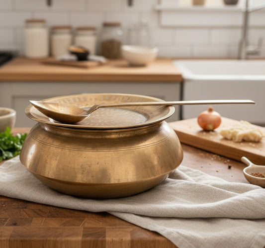 Antique Brass Cooking Bowl with Lid and Ladle 2.5–3L | Traditional Brass Cookware Set | Made in 1973