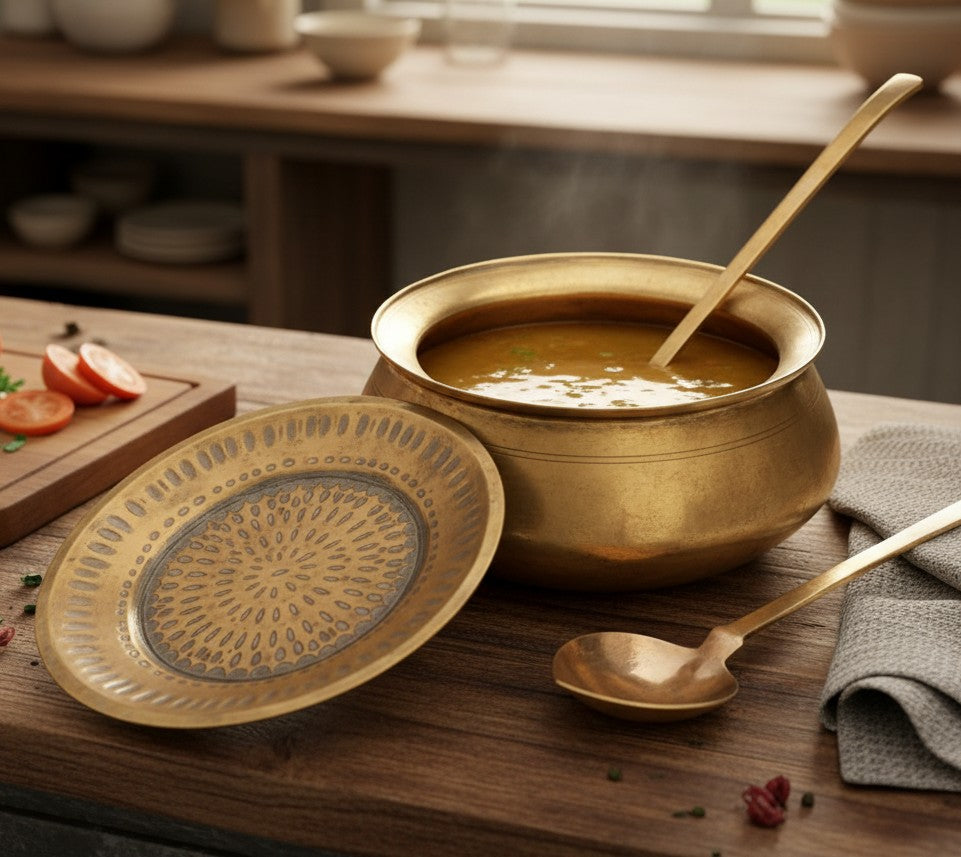 Antique Brass Cooking Bowl with Lid and Ladle 2.5–3L | Traditional Brass Cookware Set | Made in 1973