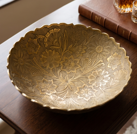 Antique Peetal Engraved Decor Bowl | Brass Hand-Engraved Footed Display Bowl | Made in 1967