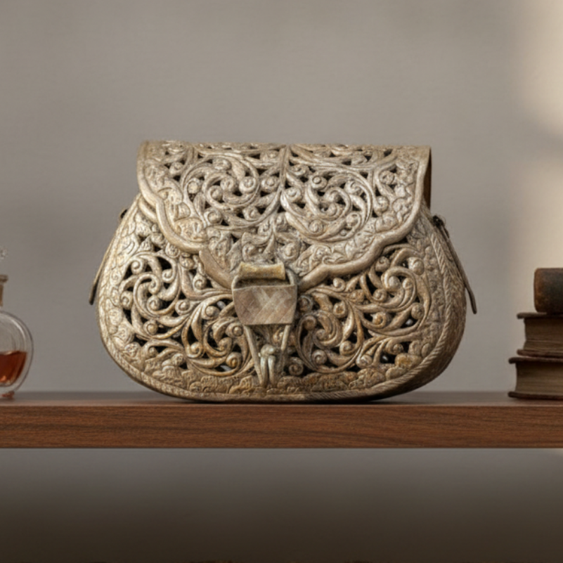 Antique Peetal Silver-Coated Engraved Purse | Silver-Coated Brass Collectible Purse | Made in 1966