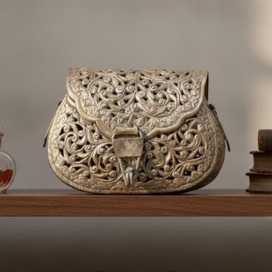 Antique Peetal Silver-Coated Engraved Purse | Silver-Coated Brass Collectible Purse | Made in 1966