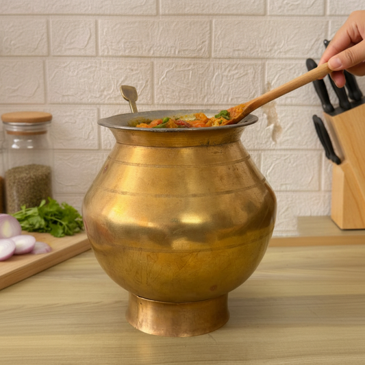 Antique Peetal Heavy Cooking Pot with Lid, Ladle & Stand | Pure Brass Serving Pot | Made in 1970 - Bombay Antiques