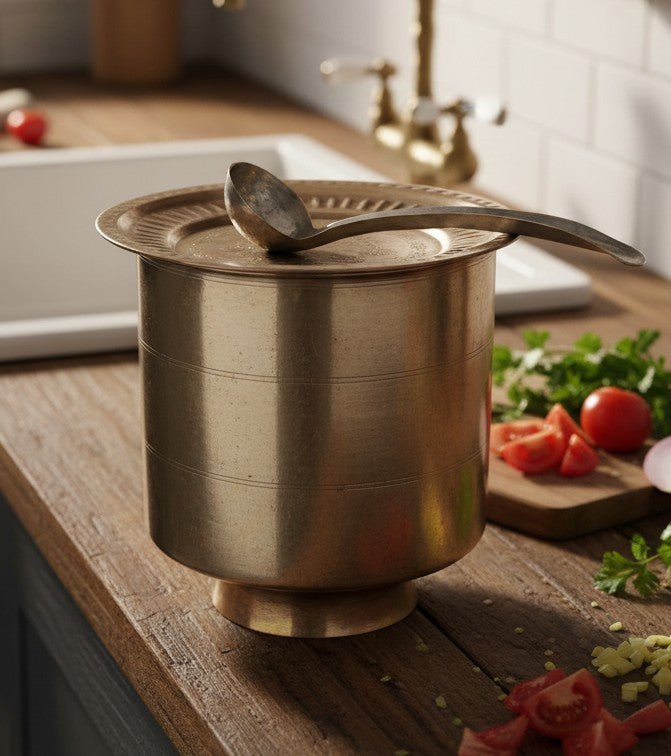 1991 Antique Brass Cooking Pot with Lid, Ladle & Stand | Solid Traditional Kitchen Vessel - Bombay Antiques