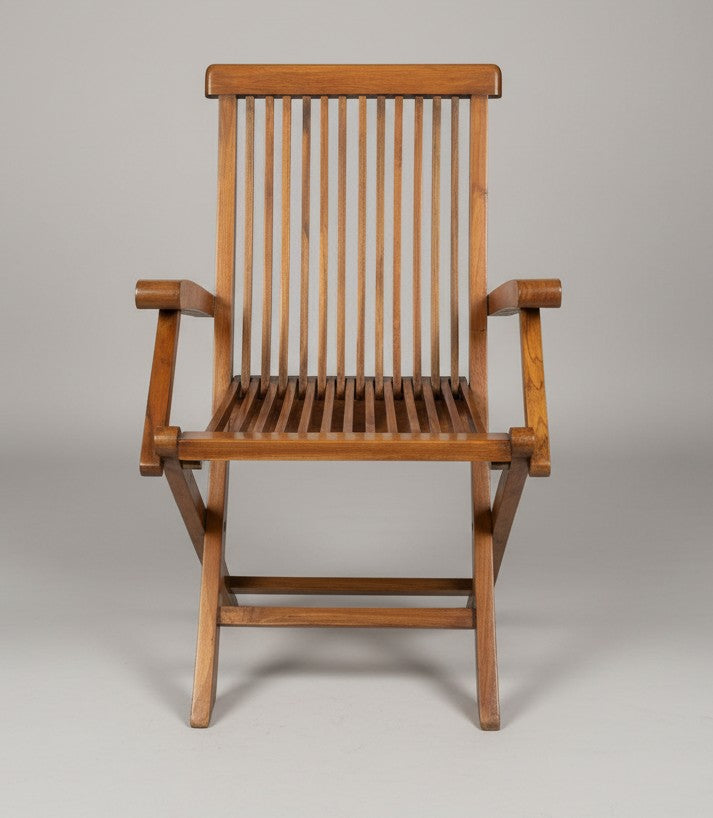 1990 Antique Teakwood Slatted Armchair | Foldable Frame with Vertical Backrest Design - Bombay Antiques