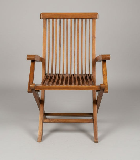 1990 Antique Teakwood Slatted Armchair | Foldable Frame with Vertical Backrest Design - Bombay Antiques