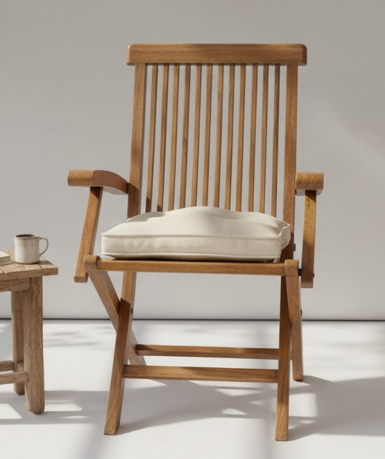 1990 Antique Teakwood Slatted Armchair | Foldable Frame with Vertical Backrest Design - Bombay Antiques