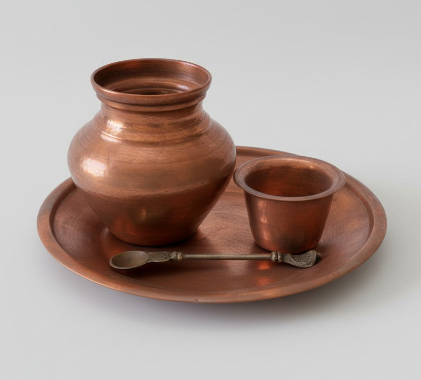 Antique Copper Kalash Set with Plate and Spoon | Decorative Copper Tableware | Made in 1968 - Bombay Antiques