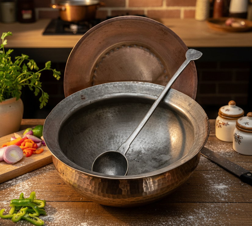 1978 Antique Brass Cooking Bowl with Lid & Ladle | Traditional Brass Cookware Set