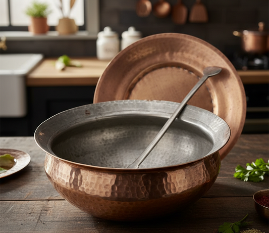 1978 Antique Brass Cooking Bowl with Lid & Ladle | Traditional Brass Cookware Set