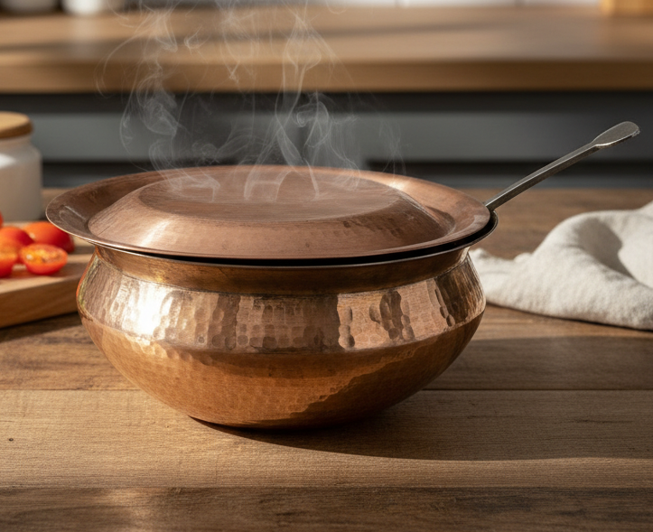 1978 Antique Brass Cooking Bowl with Lid & Ladle | Traditional Brass Cookware Set