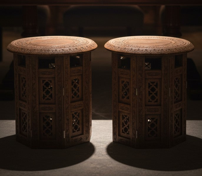 Antique Teakwood Kashmiri Foldable Table in Pair | Decorative Wooden Accent Set | Made in 1971 - Bombay Antiques
