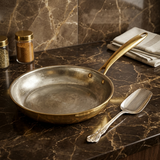 Antique Brass Tawa Skillet Set with Ladle and Lid | Traditional Culinary Frying Pan and Serving Utensil | Made in 1980 - Bombay Antiques