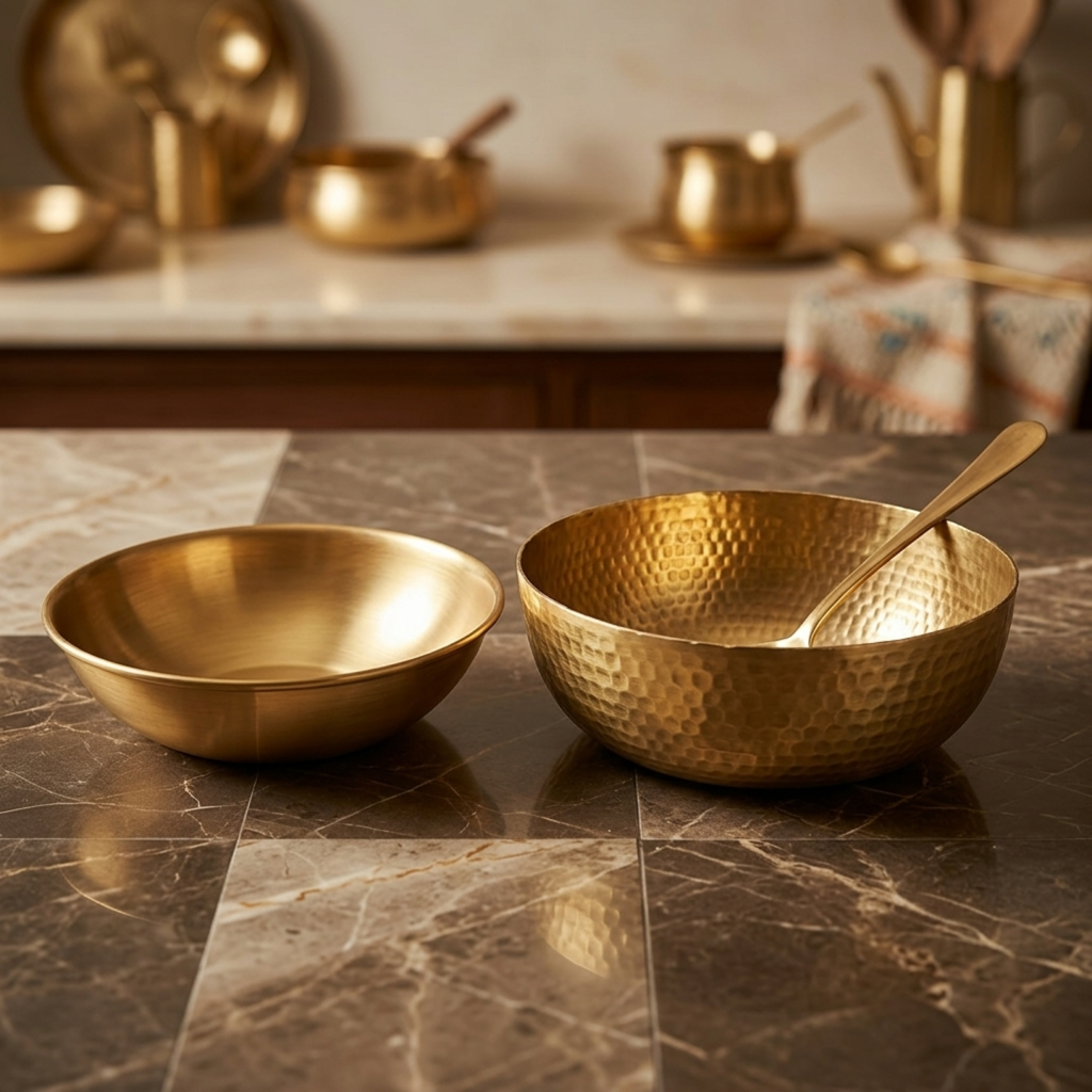 Antique Brass Ghamela Set with Ladle | Traditional Hammered Mixing Bowls with Serving Utensil | Made in 1981