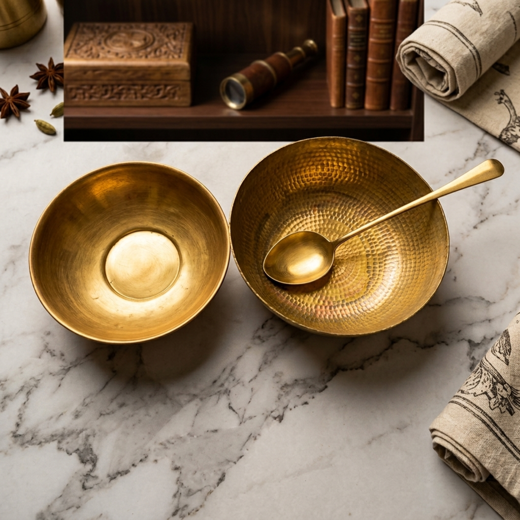 Antique Brass Ghamela Set with Ladle | Traditional Hammered Mixing Bowls with Serving Utensil | Made in 1981