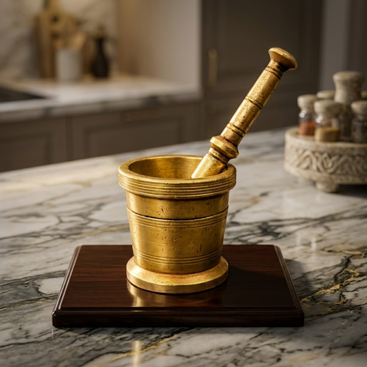 Antique Brass Khalbatta | Traditional Herb and Spice Grinder | Made in 1982 - Bombay Antiques