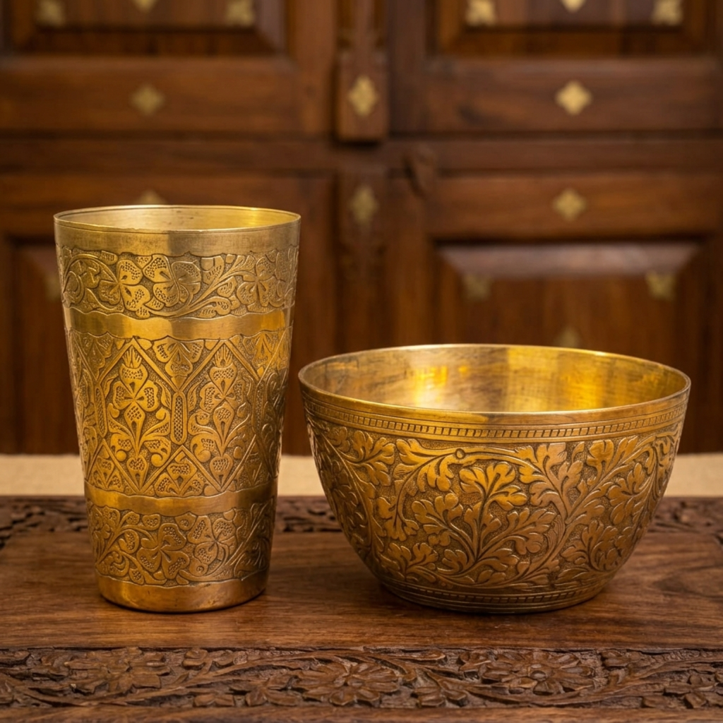 Antique Brass Engraved Glass and Bowl Set in Pair | Traditional Floral Etched Drinking Vessel and Serving Bowl | Made in 1974